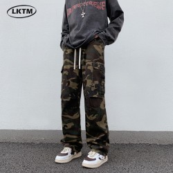 LKTM男装#美式潮牌hiphop迷彩工装裤男高街ins宽松抽绳直筒牛仔裤