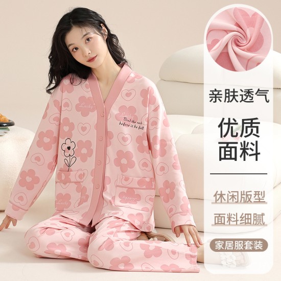 睡衣女秋季长袖薄款新款大码可爱女式可外穿春秋家居服套装V领