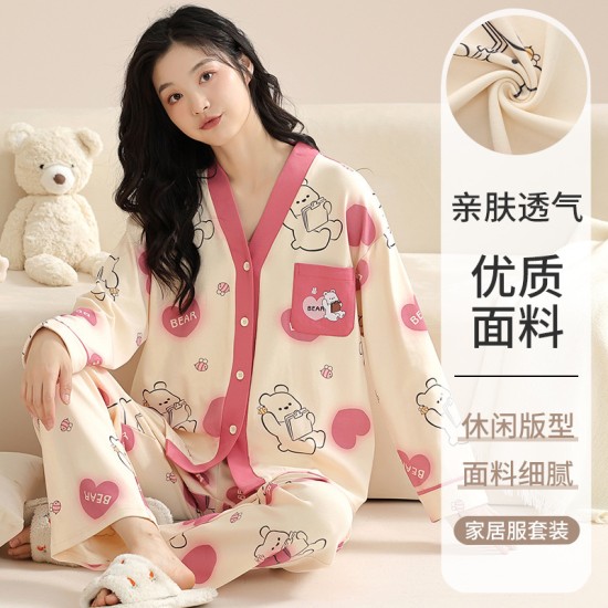 睡衣女秋季长袖薄款新款大码可爱女式可外穿春秋家居服套装V领