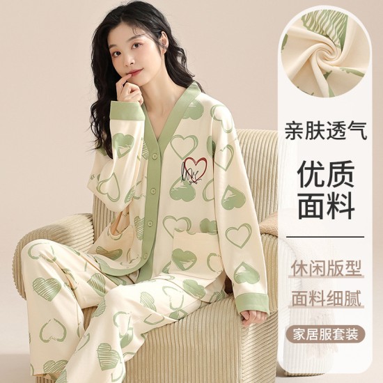 睡衣女秋季长袖薄款新款大码可爱女式可外穿春秋家居服套装V领