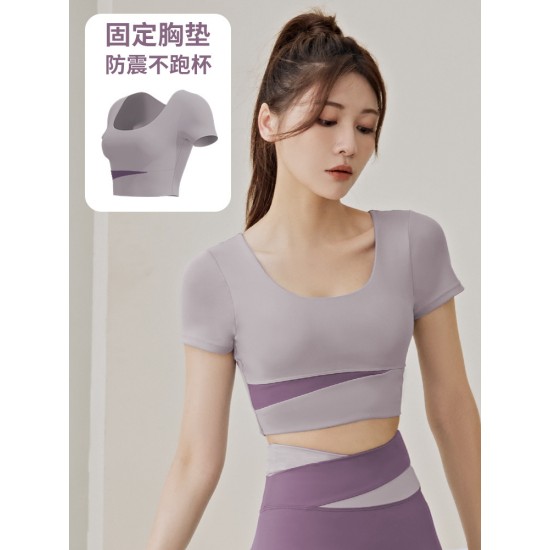 拼色短袖瑜伽服套装女春夏露脐短款上衣提臀裤跑步运动健身服