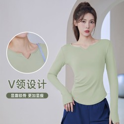 聚衣堂春季新款跑步运动健身速干紧身女纯色V领套头长袖瑜伽上衣