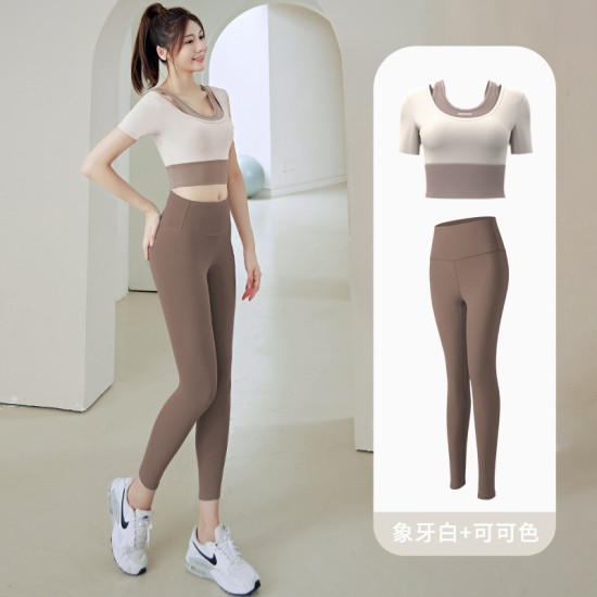 聚衣堂女带胸垫跑步健身短袖运动上衣显瘦裸感紧身修身套装瑜伽服
