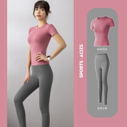 聚衣堂欧美瑜伽服女健身短袖高腰提臀蜜桃裤健身房跑步运动套装