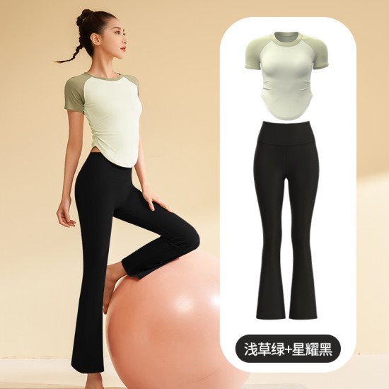 聚衣堂夏季紧身速干瑜伽服短袖跑步健身运动上衣女喇叭裤套装