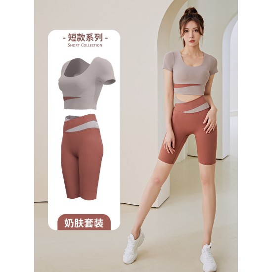 拼色短袖瑜伽服套装女春夏露脐短款上衣提臀裤跑步运动健身服