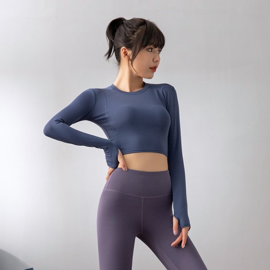 运动瑜伽上衣女欧美跑步短款露脐健身房紧身衣长袖t恤瑜伽服