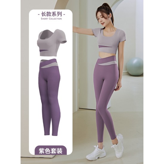 拼色短袖瑜伽服套装女春夏露脐短款上衣提臀裤跑步运动健身服
