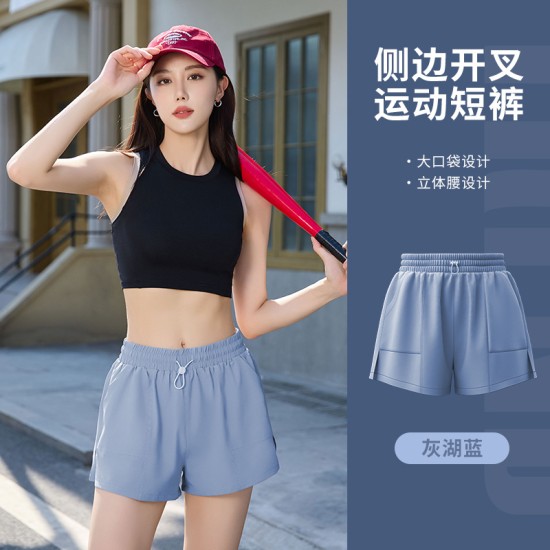 聚衣堂夏季外穿女防走光带扣松紧带口袋款健身跑步瑜伽运动短裤