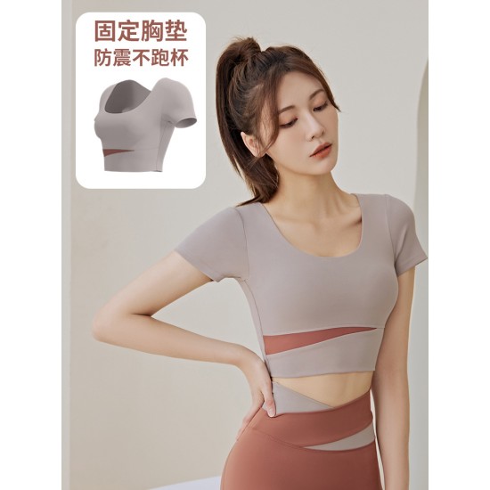 拼色短袖瑜伽服套装女春夏露脐短款上衣提臀裤跑步运动健身服