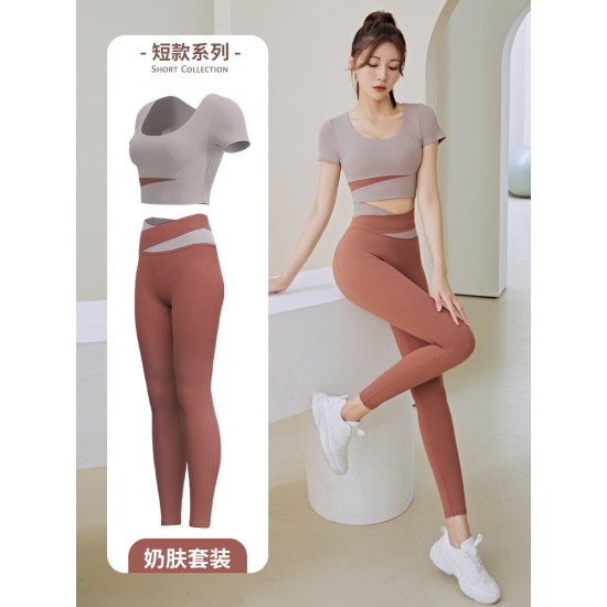 拼色短袖瑜伽服套装女春夏露脐短款上衣提臀裤跑步运动健身服