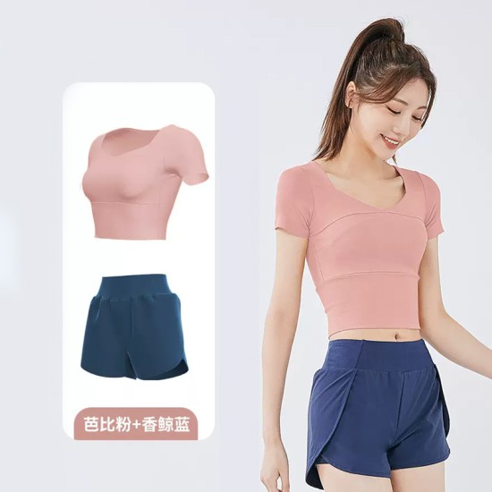 聚衣堂女短款速干带胸垫跑步紧身裸感健身瑜伽运动短袖短裤套装