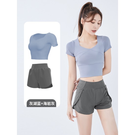 聚衣堂女短款速干带胸垫跑步紧身裸感健身瑜伽运动短袖短裤套装