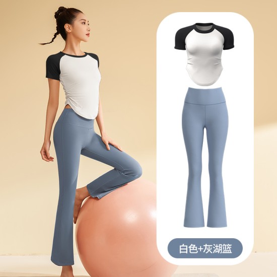 聚衣堂夏季紧身速干瑜伽服短袖跑步健身运动上衣女喇叭裤套装