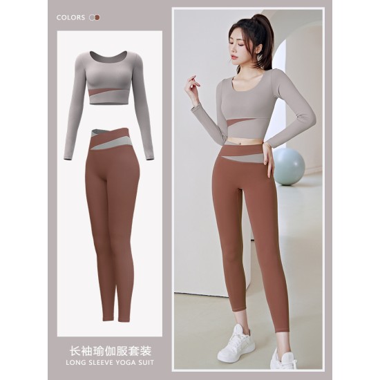聚衣堂拼色跑步运动瑜伽高腰速干紧身蜜桃臀长款长袖女套装健身服