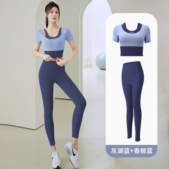 聚衣堂女带胸垫跑步健身短袖运动上衣显瘦裸感紧身修身套装瑜伽服