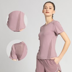 瑜伽服女夏季运动套装女短袖短裤网纱透气速干跑步健身两件套