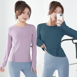 聚衣堂蜜桃瑜伽服长袖运动上衣网纱拼接圆领速干跑步健身运动衣