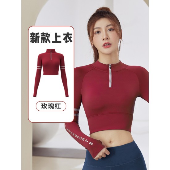 聚衣堂字母带胸垫半拉链修身显瘦瑜伽健身运动跑步长袖上衣瑜伽服