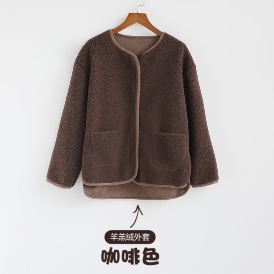 羊羔毛绒外套女秋冬季款加绒加厚圆领拉链长袖宽松保暖上衣开衫女