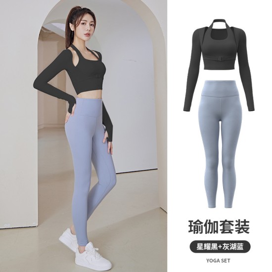聚衣堂运动健身跑步训练套头挂脖显瘦显胸无缝长袖女套装瑜伽服