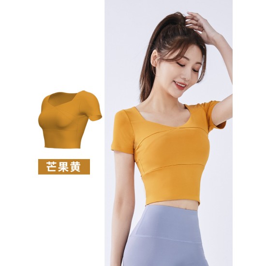 聚衣堂夏季短款女运动上衣速干带胸垫跑步紧身裸感健身瑜伽短袖