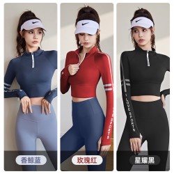 聚衣堂带胸垫半拉链修身显瘦跑步运动健身瑜伽上衣长袖套装瑜伽服