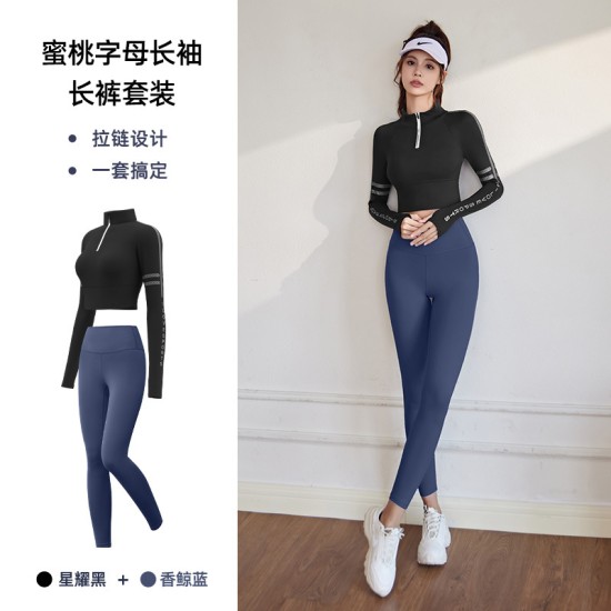 聚衣堂带胸垫半拉链修身显瘦跑步运动健身瑜伽上衣长袖套装瑜伽服
