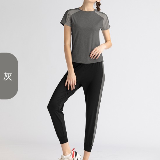 瑜伽服女夏季运动套装女短袖短裤网纱透气速干跑步健身两件套