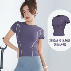 聚衣堂蜜桃弧线瑜伽上衣女圆领显瘦速干跑步健身服运动紧身短袖