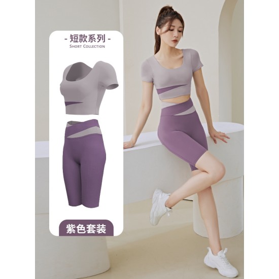 拼色短袖瑜伽服套装女春夏露脐短款上衣提臀裤跑步运动健身服