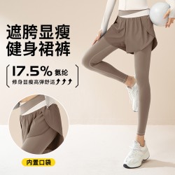 聚衣堂假两件拼色高弹瑜伽裤防走光跑步运动高腰收腹裸感健身裤女