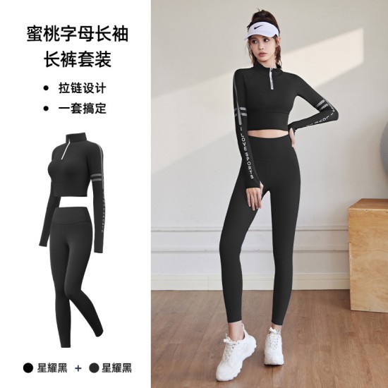 聚衣堂带胸垫半拉链修身显瘦跑步运动健身瑜伽上衣长袖套装瑜伽服