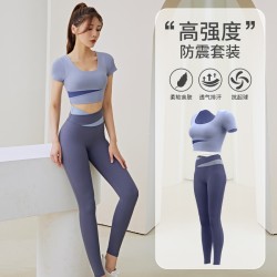 Jieyitang color matching short -sleeved yoga clothing set female naked navel short shirt, hip -hip running sports fitness suit