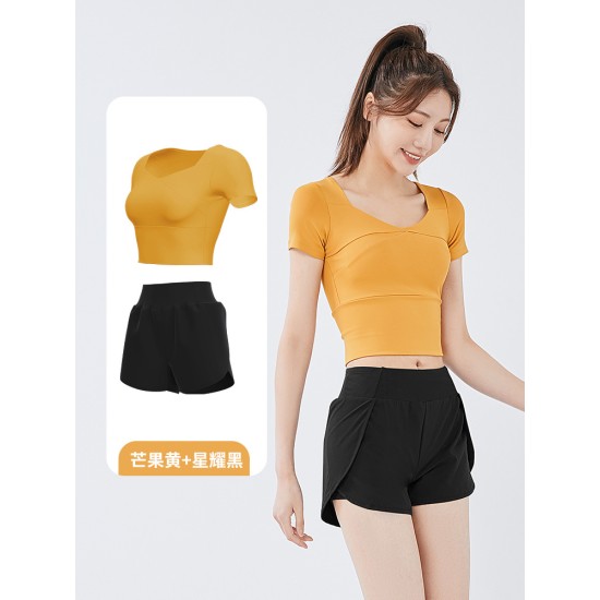 聚衣堂女短款速干带胸垫跑步紧身裸感健身瑜伽运动短袖短裤套装