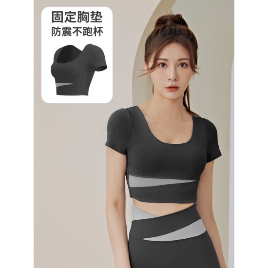 拼色短袖瑜伽服套装女春夏露脐短款上衣提臀裤跑步运动健身服