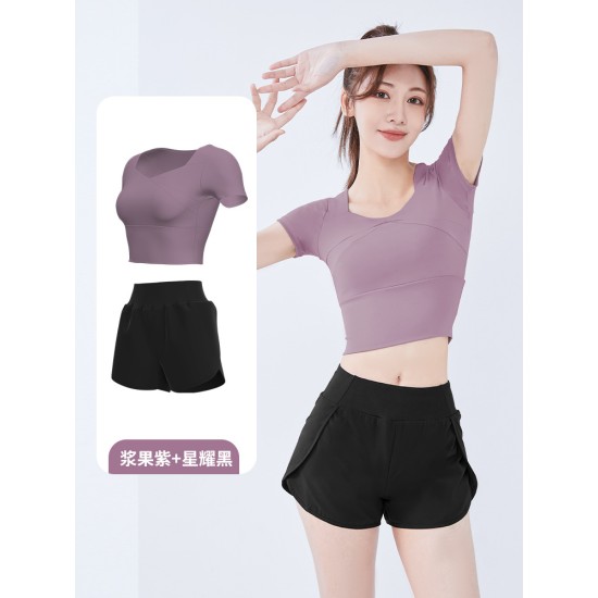 聚衣堂女短款速干带胸垫跑步紧身裸感健身瑜伽运动短袖短裤套装
