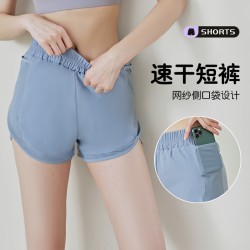 瑜伽速干短裤防走光跑步训练户外假两件拼网健身口袋女运动短裤