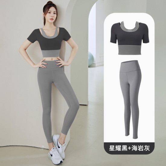 聚衣堂女带胸垫跑步健身短袖运动上衣显瘦裸感紧身修身套装瑜伽服