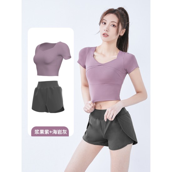 聚衣堂女短款速干带胸垫跑步紧身裸感健身瑜伽运动短袖短裤套装
