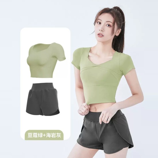 聚衣堂女短款速干带胸垫跑步紧身裸感健身瑜伽运动短袖短裤套装