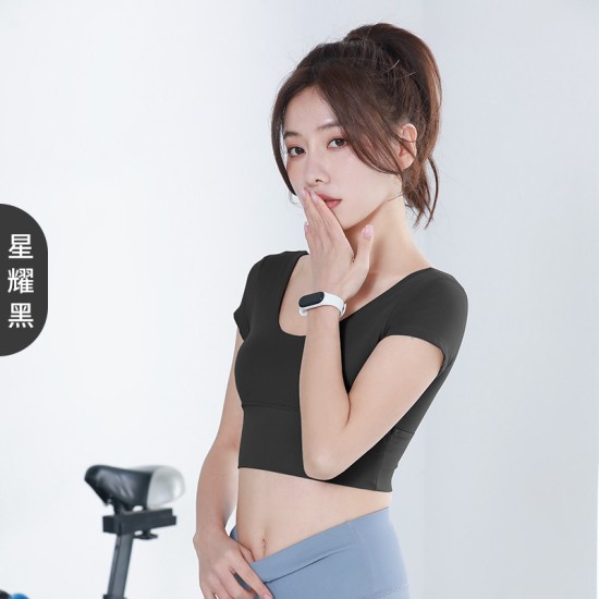 聚衣堂瑜伽服运动露脐短袖V领T恤美背带胸垫跑步运动紧身小上衣