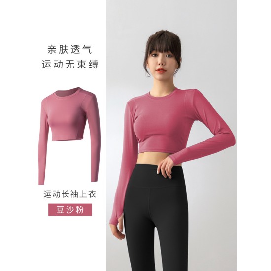 运动瑜伽上衣女欧美跑步短款露脐健身房紧身衣长袖t恤瑜伽服
