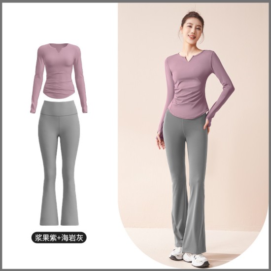 聚衣堂秋季速干v领瑜伽服套装四面弹褶皱修身显瘦长款健身套装女