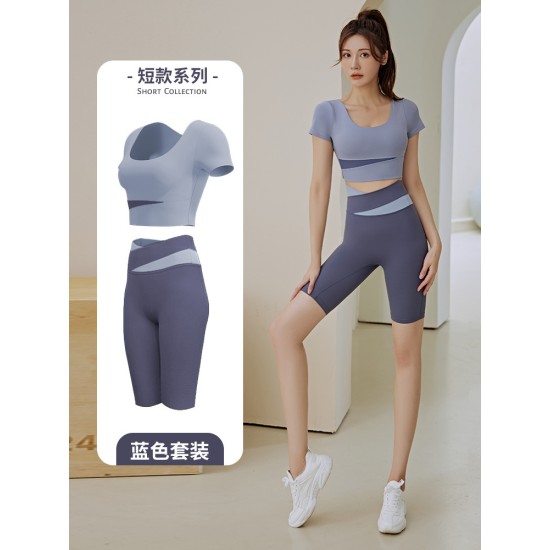 拼色短袖瑜伽服套装女春夏露脐短款上衣提臀裤跑步运动健身服