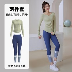 聚衣堂新款收腹紧身提臀裸感修身V领长袖跑步运动健身瑜伽服套装