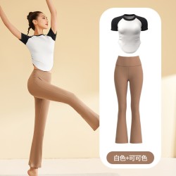 聚衣堂夏季紧身速干瑜伽服短袖跑步健身运动上衣女喇叭裤套装