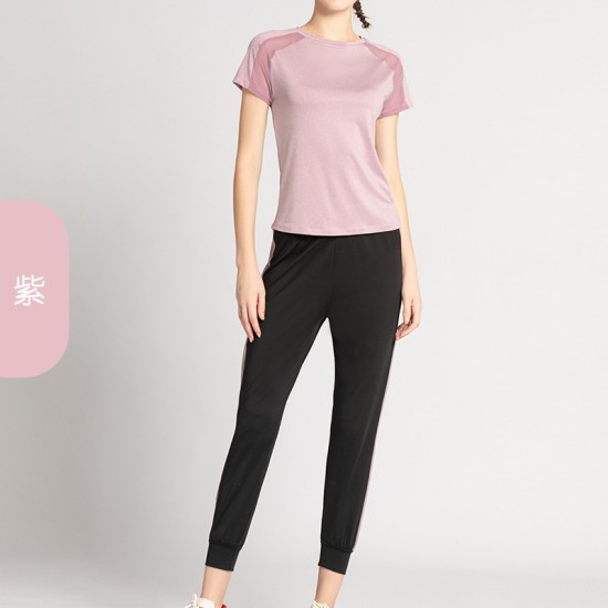 瑜伽服女夏季运动套装女短袖短裤网纱透气速干跑步健身两件套