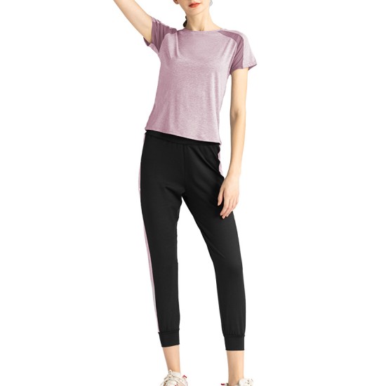 聚衣堂瑜伽服女宽松网纱短袖上衣跑步速干健身衣服运动套装瑜伽裤