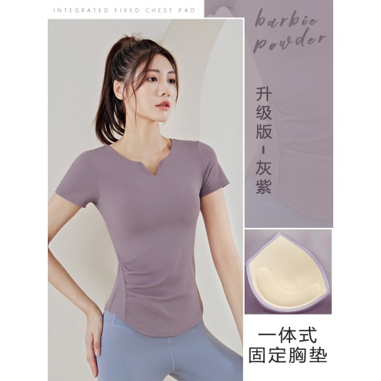 聚衣堂夏季V领薄款跑步健身透气速干高强度紧身女瑜伽运动短袖